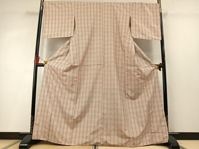 平和屋着物●上質な紬　花織　格子　正絹　逸品　AABM8616fy