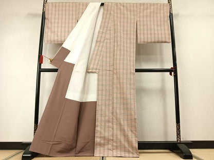 平和屋着物●上質な紬　花織　格子　正絹　逸品　AABM8616fy