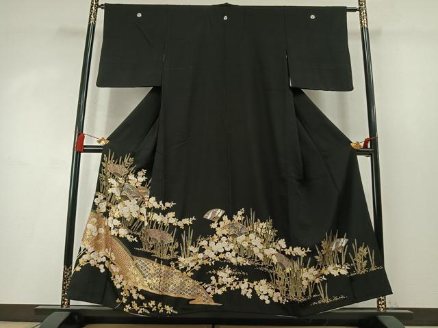 平和屋着物●豪華黒留袖　駒刺繍　扇面飛鶴花文　金彩　やまと誂製　正絹　逸品　AABM8624fy