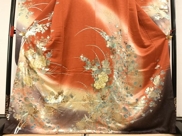 平和屋着物●豪華振袖　花鳥文　暈し染め　金銀彩　正絹　逸品　AABM8627fy