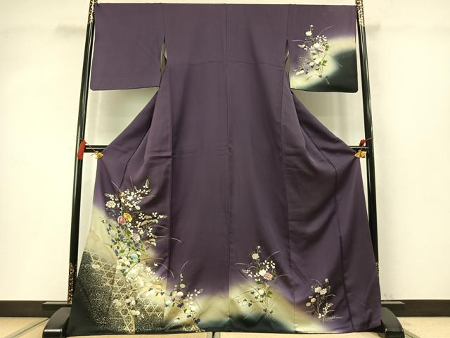 平和屋着物●訪問着　刺繍　草花文　暈し染め　金糸　金銀彩　ロング丈　正絹　逸品　AABM8641fy