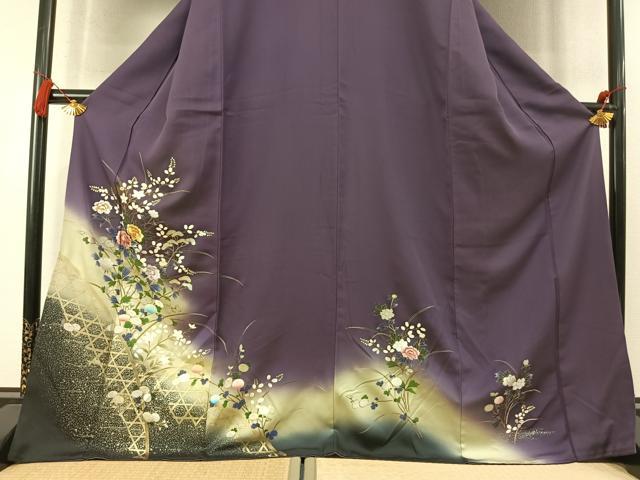 平和屋着物●訪問着　刺繍　草花文　暈し染め　金糸　金銀彩　ロング丈　正絹　逸品　AABM8641fy