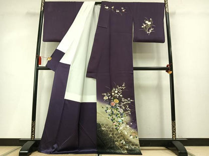 平和屋着物●訪問着　刺繍　草花文　暈し染め　金糸　金銀彩　ロング丈　正絹　逸品　AABM8641fy