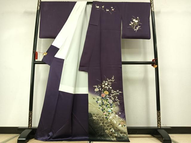 平和屋着物●訪問着　刺繍　草花文　暈し染め　金糸　金銀彩　ロング丈　正絹　逸品　AABM8641fy