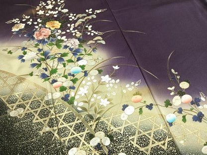 平和屋着物●訪問着　刺繍　草花文　暈し染め　金糸　金銀彩　ロング丈　正絹　逸品　AABM8641fy