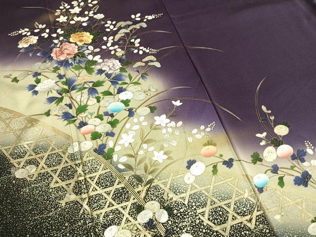 平和屋着物●訪問着　刺繍　草花文　暈し染め　金糸　金銀彩　ロング丈　正絹　逸品　AABM8641fy