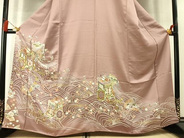 平和屋着物●豪華色留袖　駒刺繍　御所車扇面花文　金彩　正絹　逸品　AABM8651fy