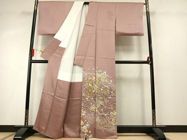 平和屋着物●豪華色留袖　駒刺繍　御所車扇面花文　金彩　正絹　逸品　AABM8651fy