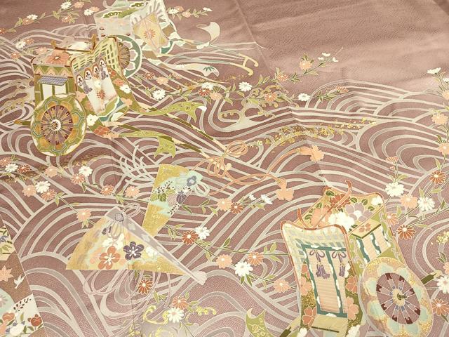平和屋着物●豪華色留袖　駒刺繍　御所車扇面花文　金彩　正絹　逸品　AABM8651fy