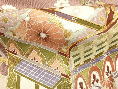 平和屋着物●豪華色留袖　駒刺繍　御所車扇面花文　金彩　正絹　逸品　AABM8651fy