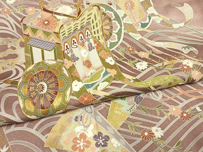 平和屋着物●豪華色留袖　駒刺繍　御所車扇面花文　金彩　正絹　逸品　AABM8651fy