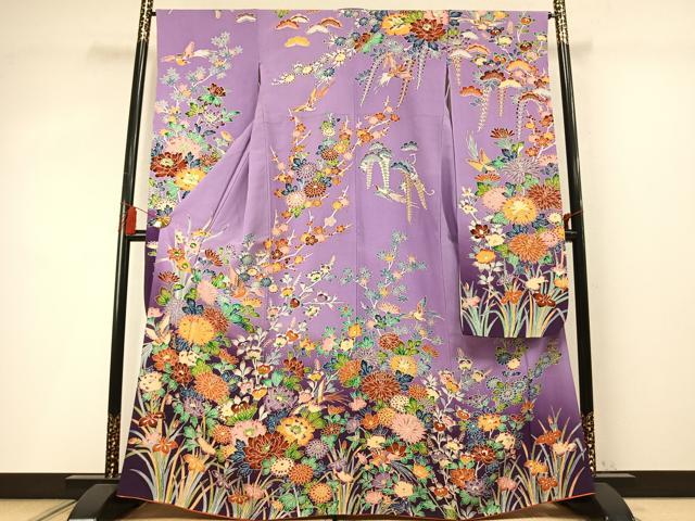 平和屋着物●豪華振袖　型染め　花鳥文　暈し染め　正絹　逸品　AABM8652fy