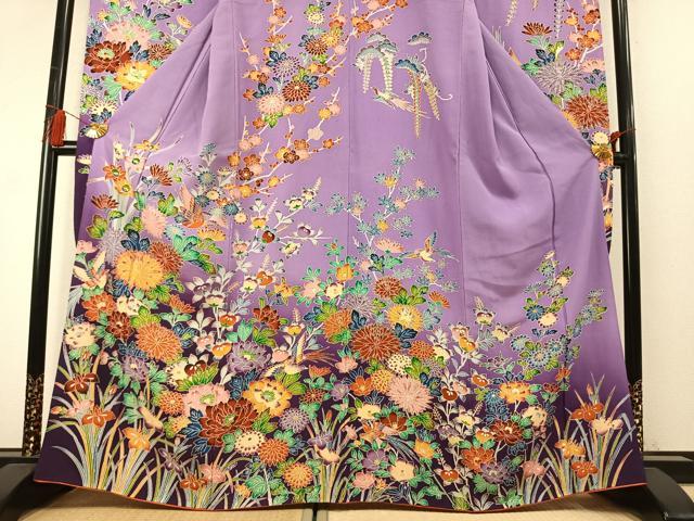 平和屋着物●豪華振袖　型染め　花鳥文　暈し染め　正絹　逸品　AABM8652fy