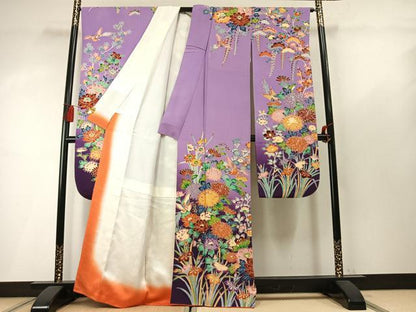 平和屋着物●豪華振袖　型染め　花鳥文　暈し染め　正絹　逸品　AABM8652fy
