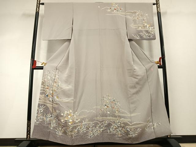 平和屋着物●訪問着　作家物　駒刺繍　草花文　暈し染め　金彩　正絹　逸品　AABM8669fy