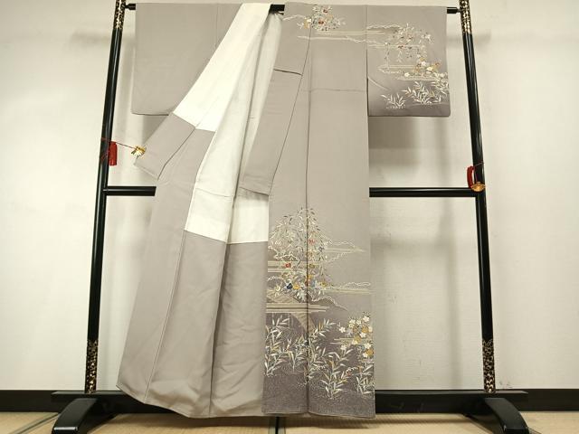 平和屋着物●訪問着　作家物　駒刺繍　草花文　暈し染め　金彩　正絹　逸品　AABM8669fy