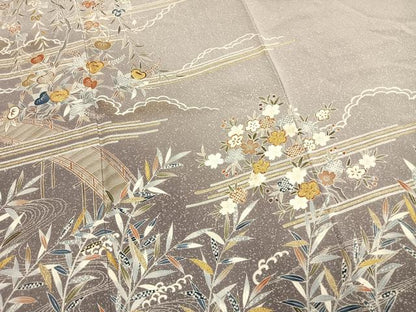 平和屋着物●訪問着　作家物　駒刺繍　草花文　暈し染め　金彩　正絹　逸品　AABM8669fy