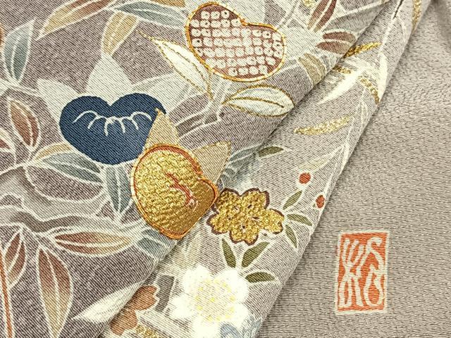平和屋着物●訪問着　作家物　駒刺繍　草花文　暈し染め　金彩　正絹　逸品　AABM8669fy