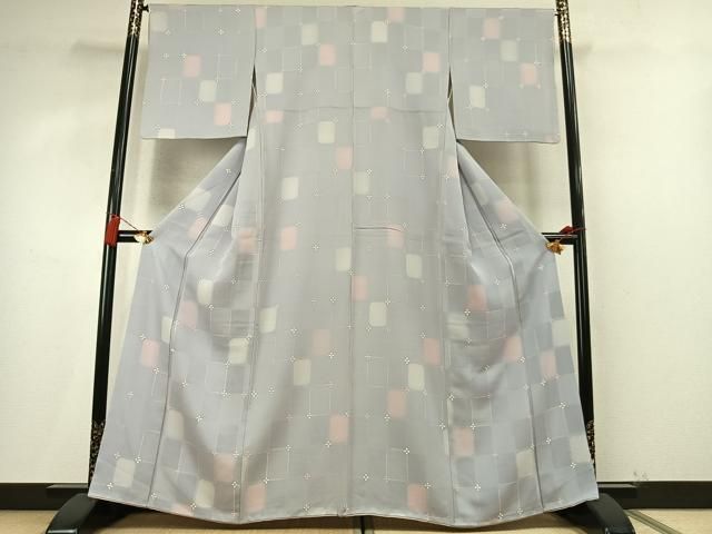 平和屋着物●上質な小紋　地紋起こし　市松花文　正絹　逸品　AABM8680fy