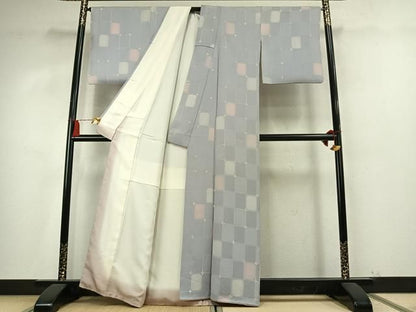 平和屋着物●上質な小紋　地紋起こし　市松花文　正絹　逸品　AABM8680fy