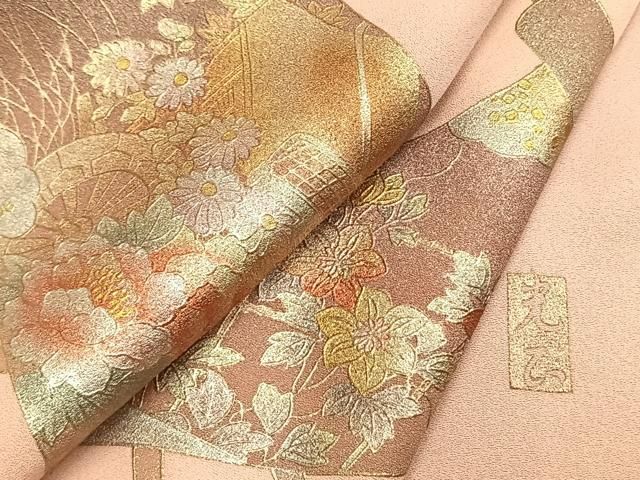 平和屋着物●金彩友禅　卓越技能者・名工・和田光正　訪問着　巻物　源氏車花文　金銀彩　正絹　逸品　AABM8690fy