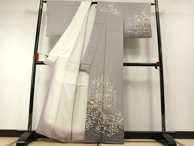 平和屋着物●訪問着　駒刺繍　草花文　暈し染め　金彩　正絹　逸品　AABM8714fy