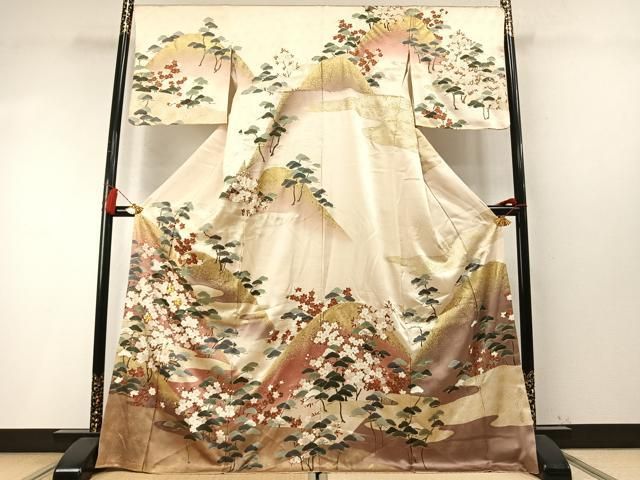 平和屋着物●訪問着　駒刺繍　枝梅松文　暈し染め　金彩　正絹　逸品　AABM8736fy