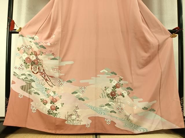 平和屋着物●訪問着　友禅　御所車花文　正絹　逸品　AABM8745fy