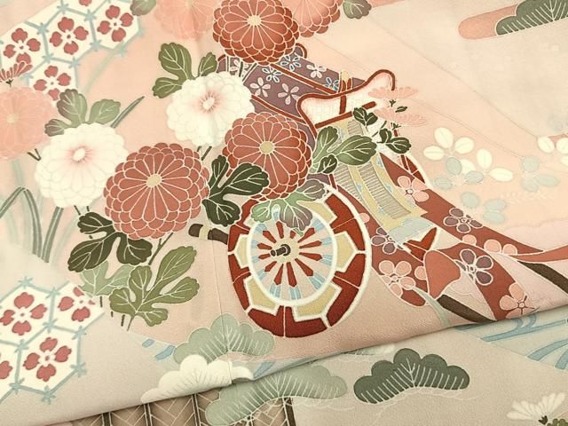 平和屋着物●訪問着　友禅　御所車花文　正絹　逸品　AABM8745fy