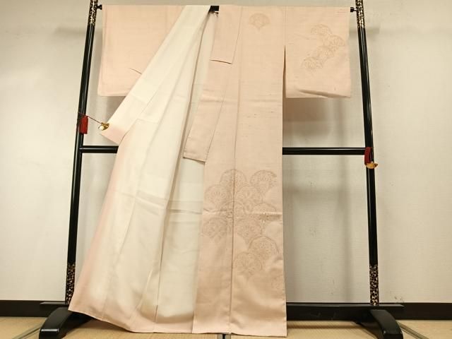 平和屋着物●中国三大刺繍　スワトウ刺繍　汕頭刺繍　総刺繍　訪問着　紬地　扇花文　洗柿色　正絹　逸品　AABM8755fy