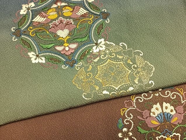 平和屋着物●中国三大刺繍 スワトウ刺繍 汕頭刺繍 相良刺繍 総刺繍 訪問着 吉祥舞蝶花鳥文 暈し染め 金糸 金彩 正絹 逸品 AABM8760fy