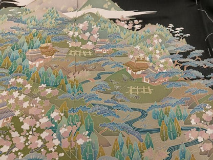 平和屋着物●豪華黒留袖　友禅　作家物　風景文　仮絵羽　正絹　逸品　未使用　AABM8766ph
