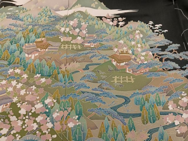 平和屋着物●豪華黒留袖　友禅　作家物　風景文　仮絵羽　正絹　逸品　未使用　AABM8766ph