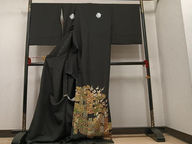 平和屋着物●豪華黒留袖　駒刺繍　鳳凰草花文　金彩　丹後ちりめん　仮絵羽　正絹　逸品　未使用　AABM8767ph