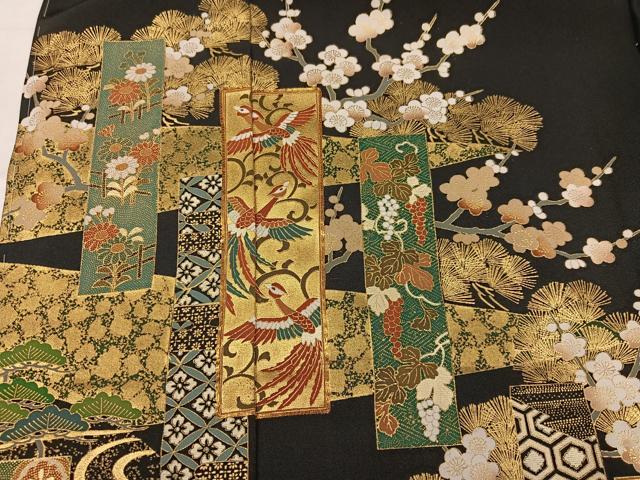 平和屋着物●豪華黒留袖　駒刺繍　鳳凰草花文　金彩　丹後ちりめん　仮絵羽　正絹　逸品　未使用　AABM8767ph