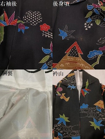 平和屋着物●上質な小紋　型染め　草花風景文　黒地　正絹　逸品　AABM8770ph