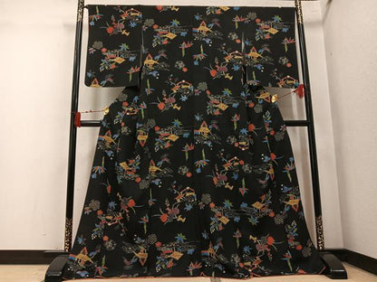平和屋着物●上質な小紋　型染め　草花風景文　黒地　正絹　逸品　AABM8770ph