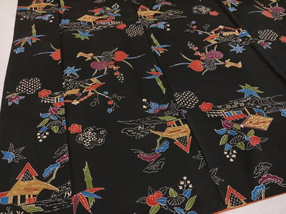 平和屋着物●上質な小紋　型染め　草花風景文　黒地　正絹　逸品　AABM8770ph
