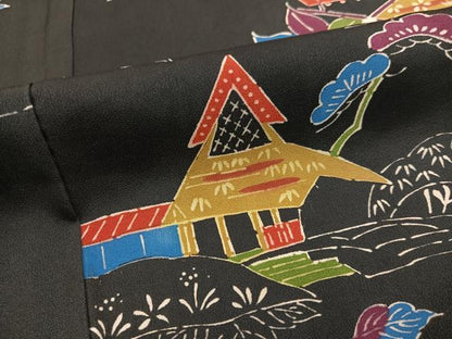 平和屋着物●上質な小紋　型染め　草花風景文　黒地　正絹　逸品　AABM8770ph