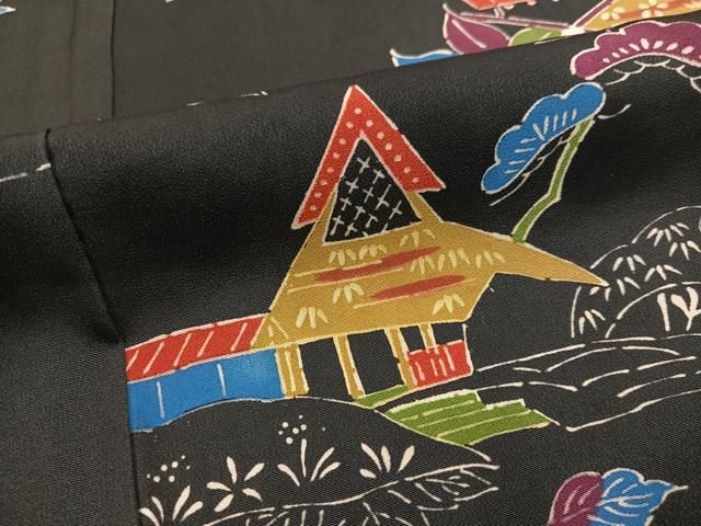 平和屋着物●上質な小紋　型染め　草花風景文　黒地　正絹　逸品　AABM8770ph
