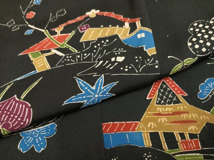 平和屋着物●上質な小紋　型染め　草花風景文　黒地　正絹　逸品　AABM8770ph