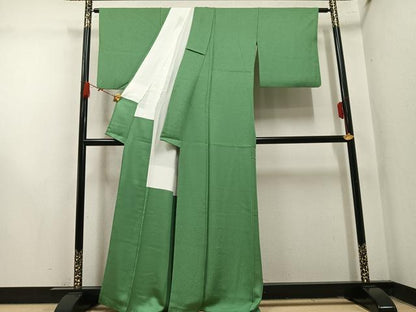 平和屋着物●本草木染作家　瑞寶　色無地　紋意匠　松葉色　正絹　逸品　AABM8786ph