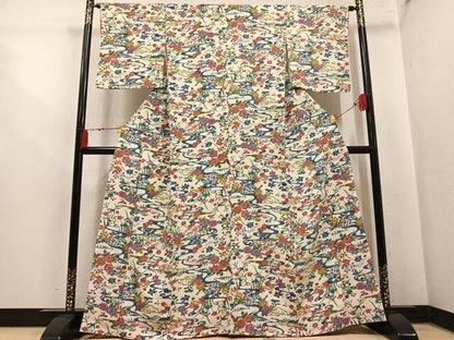平和屋着物●上質な小紋　型染め　花鳥舞蝶文　正絹　逸品　AABM8792ph