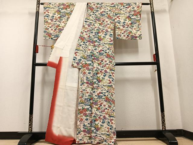 平和屋着物●上質な小紋　型染め　花鳥舞蝶文　正絹　逸品　AABM8792ph