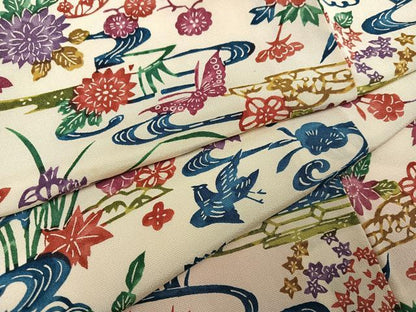 平和屋着物●上質な小紋　型染め　花鳥舞蝶文　正絹　逸品　AABM8792ph