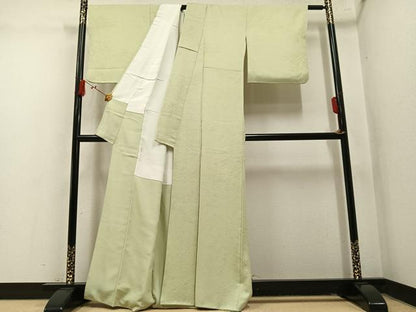 平和屋着物●上質な色無地　草花地紋　若菜色　正絹　逸品　AABM8804ph