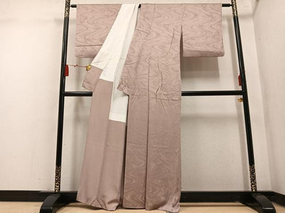 平和屋着物●上質な色無地　立波地紋　白茶色　正絹　逸品　AABM8806ph