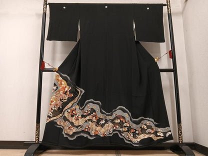 平和屋着物●豪華黒留袖　刺繍　草花文　金彩　正絹　逸品　AABM8814ph