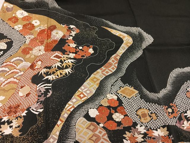 平和屋着物●豪華黒留袖　刺繍　草花文　金彩　正絹　逸品　AABM8814ph