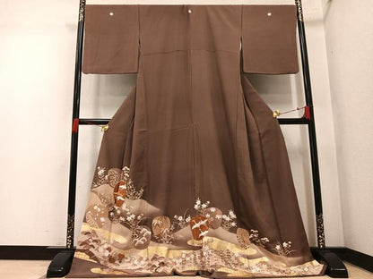 平和屋着物●豪華色留袖　駒刺繍　群鶴草花文　暈し染め　金彩　ロング丈　正絹　逸品　AABM8817ph